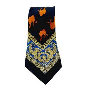 Como House Neck 100% Silk Necktie Cheetah Leopard Blue Yellow Cat
